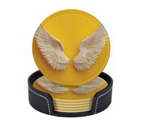 Coppia di sottobicchieri in pelle premium con ali bianche su giallo, set da 6 con supporto, eleganti sottobicchieri per bevande, cucina, bar e caffè