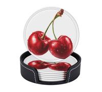Coppia di sottobicchieri in pelle premium Shiny Red Cherrys, set da 6 con supporto, eleganti sottobicchieri per bevande, per cucina, bar e caffè