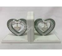 Coppia di supporti fermalibri cuori in legno e pizzo shabby Salvia 16x16x12 cm