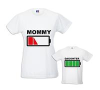 Coppia di T-Shirt Magliette Mamma E Figlio Idea Regalo Festa della Mamma Battery Mom T-Shirt Bianche Mamma e Femminuccia Donna S - Bimbo 1-2 Anni