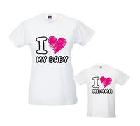 Coppia di T-Shirt Magliette Mamma E Figlio Idea Regalo Festa della Mamma I Love Mamma T-Shirt Bianche Mamma e Femminuccia Donna L - Bimbo 3-4 Anni