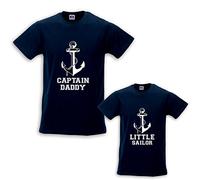 Coppia di T-Shirt Magliette Padre Figlio Idea Regalo per Il Papa' Captain Daddy And Little Sailor Blu Uomo L - Bimbo 3-4 Anni