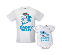 Coppia di T-Shirt Padre Figlio Daddy Shark And Baby Shark Bianche Maschietto Uomo M - Bodino 1 Mese