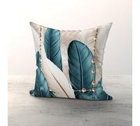 Coppia Federe Cuscino 42x42 cm in Microfibra - Fantasia Tropical Tiffany con Piume e Perle Stampa Digitale HD - Arredo Moderno per Divano, Letto o Poltrona - Sfoderabili e Lavabili