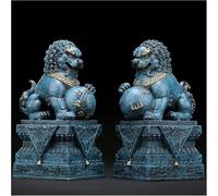 Coppia Foo Cani Statue Ottone Grande Piccolo Feng Shui Decor Ricchezza Prosperità Blu Fu Cani Statua Leone Guardiano Figurine per La Casa Soggiorno Ufficio Regalo di Inaugura, 16.5cm/6.5inch