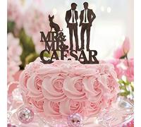Coppia gay Wedding Cake Topper Due Uomini Con Cane Gatto Silhouette Due Groomsmen Decorazioni Torta Nuziale Personalizza Nome di Famiglia Est Data Uomini Regali Legno
