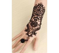 Coppia guanti polsini pizzo mani NERO lace fiore anello trasvestimento gloves