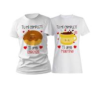 Coppia Magliette Nomi Personalizzabili Ciambella e caffè Tu Mi Completi Ti Amo Cuori Innamorati Nomi su T-Shirt SanValentino Cibo I Love You Idea Regalo
