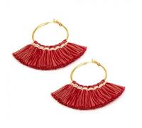 Coppia Orecchini, Filo Ottone Dorato, Frange in Cotone Rosse, Cerchio, Chiusura con Gancio a Incastro, Nickel Tested. FIS7300