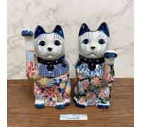 Coppia porcellana Maneki Neko Beckoning Lucky Cat Seto Ware Yuzen destra sini...