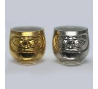 Coppia portafortuna in porcellana Daruma Sake Cup Set oro e argento made in...