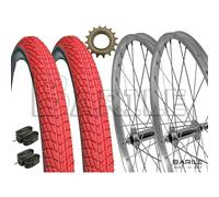 Coppia Ruote 20 " x 1.75 + Pignone + Copertoni Rosso + Camere Bici MTB
