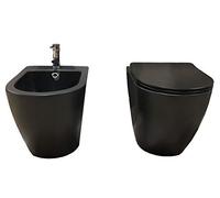 COPPIA SANITARI A TERRA COLORE NERO OPACO VASO CON COPRIVASO SOFT-CLOSE + BIDET SERIE TONDA CURVA TECNICA E FISSAGGI INCLUSI