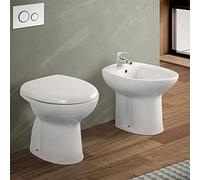 Coppia Sanitari a Terra Tradizionali, Scarico a Terra, Design Moderno in Ceramica Bianca, Completo di copriwater, Serie Clara