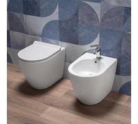Coppia Sanitari bagno a terra in Ceramica Bianco Lucido - WC Rimless, Bidet, Sedile Soft Close, Sgancio Rapido, Risparmio Idrico, Fissaggi Inclusi, Installazione Parete o Pavimento - Mod.WhiteFloor 1