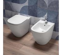 Coppia Sanitari bagno a terra in Ceramica Bianco Lucido - WC Rimless, Bidet, Sedile Soft Close, Sgancio Rapido, Risparmio Idrico, Fissaggi Inclusi, Installazione Parete o Pavimento - Mod.WhiteFloor 4