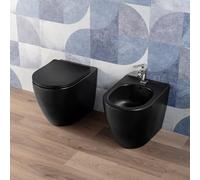 Coppia Sanitari bagno a terra in Ceramica Nero Opaco - WC Rimless, Bidet, Sedile Soft Close, Sgancio Rapido, Risparmio Idrico, Fissaggi Inclusi, Installazione Parete o Pavimento - Mod. BlackFloor