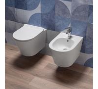 Coppia Sanitari bagno filo muro in Ceramica Bianco Lucido - Mod.WhiteWall 2 | WC Rimless e Bidet Sospesi con Sedile Soft Close, Sgancio Rapido Easy Clean, Installazione a Parete e Design Moderno