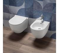 Coppia Sanitari bagno filo muro in Ceramica Bianco Lucido - WC Rimless e Bidet Sospesi con Sedile Soft Close, Sgancio Rapido Easy Clean, Installazione a Parete e Design Moderno - Mod.WhiteWall 1