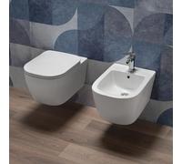 Coppia Sanitari bagno filo muro in Ceramica Bianco Lucido - WC Rimless e Bidet Sospesi con Sedile Soft Close, Sgancio Rapido Easy Clean, Installazione a Parete e Design Moderno - Mod.WhiteWall 4
