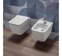 Coppia Sanitari bagno filo muro in Ceramica Bianco Lucido - WC Rimless e Bidet Sospesi con Sedile Soft Close, Sgancio Rapido Easy Clean, Installazione a Parete e Design Moderno - Mod.WhiteWall 3