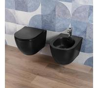 Coppia Sanitari bagno filo muro in Ceramica Nero Opaco - WC Rimless e Bidet Sospesi con Sedile Soft Close, Sgancio Rapido Easy Clean, Installazione a Parete e Design Moderno - Mod. BlackWall