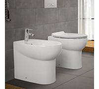 Coppia Sanitari Filo Muro a Terra salvaspazio, in Ceramica Bianca Lucida Serie Ice, Completa di Sedile Copri WC rallentato