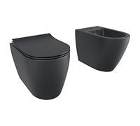 Coppia Sanitari Filomuro Filo Muro Filo Parete Vaso WC E Bidet Design Moderno In Ceramica Con Copriwater Chiusura Soft Close Chiusura Rallentata (Nero Opaco)