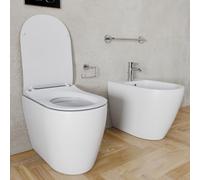 Coppia Sanitari Filomuro Filo Muro Filo Parete Vaso WC E Bidet Design Moderno In Ceramica Con Copriwater Chiusura Soft Close Chiusura Rallentata (Bianco Opaco)