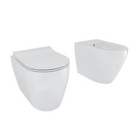 Coppia Sanitari Filomuro Filo Muro Filo Parete Vaso WC Rimless Senza Brida Tornado Flush E Bidet Design Moderno In Ceramica Con Copriwater Chiusura Soft Close Rallentata Bianco Lucido