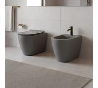 Coppia Sanitari Filomuro Filo Muro Filo Parete Vaso WC Rimless Senza Brida Tornado Flush E Bidet Design Moderno In Ceramica Con Copriwater Chiusura Soft Close Rallentata Grigio Opaco