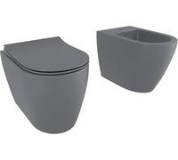 Coppia Sanitari Filomuro Filo Muro Filo Parete Vaso WC Rimless Senza Brida Tornado Flush E Bidet Design Moderno In Ceramica Con Copriwater Chiusura Soft Close Rallentata Grigio Opaco