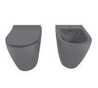 Coppia Sanitari Filomuro Vaso WC E Bidet In Ceramica Filo Muro Filo Parete Design Moderno Con Copriwater Chiusura Soft Close Chiusura Rallentata (Grigio Opaco)