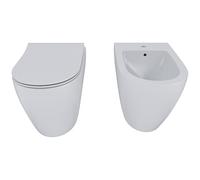 Coppia Sanitari Filomuro Vaso WC E Bidet In Ceramica Filo Muro Filo Parete Design Moderno Con Copriwater Chiusura Soft Close Chiusura Rallentata (Bianco Opaco)