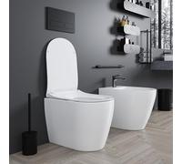 Coppia Sanitari Filomuro Vaso WC Rimless Senza Brida E Bidet In Ceramica Colore Bianco Filo Muro Filo Parete Design Moderno Con Copriwater Chiusura Soft Close Chiusura Rallentata
