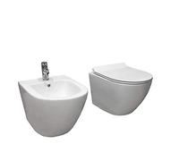 Coppia Sanitari Sospesi Rimless Senza Brida Tonda Dimensioni Ridotte Coprivaso Soft-Close, Bianco
