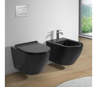 Coppia Sanitari Sospesi Tokyo Rimless Nero Opaco WC E Bidet Con Sedile Soft-Close