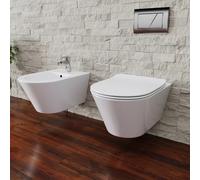 Coppia Sanitari Filomuro Filo Muro Filo Parete Vaso WC E Bidet Design Moderno In Ceramica Con Copriwater Chiusura Soft Close Chiusura Rallentata Colore Bianco