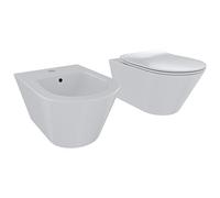 Coppia Sanitari Sospesi Vaso WC E Bidet Sospeso Design Moderno Tondo In Ceramica Con Copriwater Chiusura Soft Close Chiusura Rallentata Colore Bianco Lucido