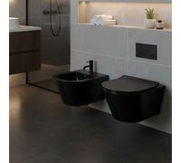 Coppia Sanitari Sospesi Vaso WC Rimless Con Tornado Flush E Bidet Sospeso Design Moderno Tondo In Ceramica Con Copriwater Chiusura Soft Close Rallentata (Nero Opaco)