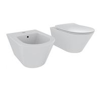Coppia Sanitari Sospesi Vaso WC Rimless Con Tornado Flush E Bidet Sospeso Design Moderno Tondo In Ceramica Con Copriwater Chiusura Soft Close Rallentata (Bianco Opaco)