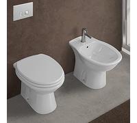 Coppia sanitari tradizionali serie Karla, wc con brida e scarico a parete, sedile incluso modello slim