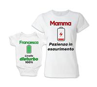 Coppia T-Shirt e Body Neonata - Madre Figlia Femmina - Nome Personalizzabile - Batteria - Pazienza in esaurimento - Livello Disturbo 100% - Battery Level - Bimba Piccola - Primo Anno