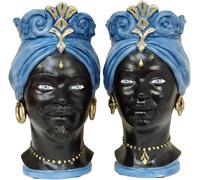 Coppia teste di moro moderne h37 cm in ceramica siciliana decorata a mano dec.05