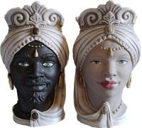 Coppia teste di moro moderne h37 cm in ceramica siciliana decorata a mano dec.10