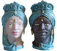 Coppia teste di moro moderne h37 cm in ceramica siciliana decorata a mano dec.11