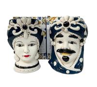 Coppia teste di moro regina e re in ceramica decorata stile siciliano vasi moderni gic (12 X H 18 CM, Blu)