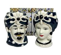 Coppia teste di moro regina e re in ceramica decorata stile siciliano vasi moderni gic (8 X H 13 CM, Blu)