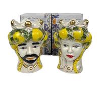 Coppia teste di moro regina e re in ceramica decorata stile siciliano vasi moderni gic (LIMONI, 14 X 13 X 18 CM)