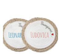 Coppia Tovagliette Alimentari in Vimini Personalizzata con Nomi e Buongiorno Idea Regalo SanValentino Anniversario Compleanno Natale Pasqua Sottopiatto Colazione Pranzo Cena Merenda Casa Ufficio